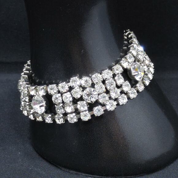 Vintage 1960s Wide Rhinestone Bracelet, Rhodium Plated - Picture 1 of 10